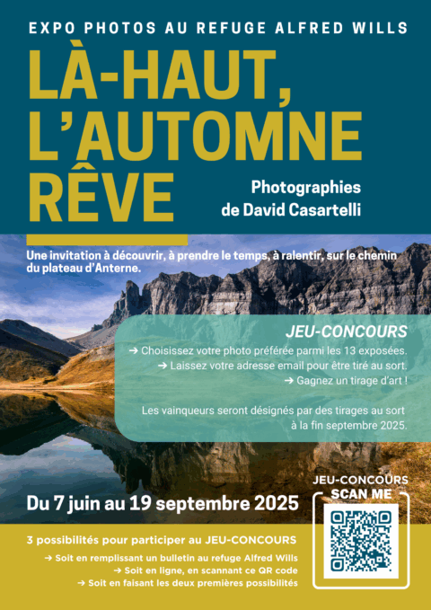 affiche expo photos de david Casartelli et jeu concours au refuge alfred wills tout l'été 2025